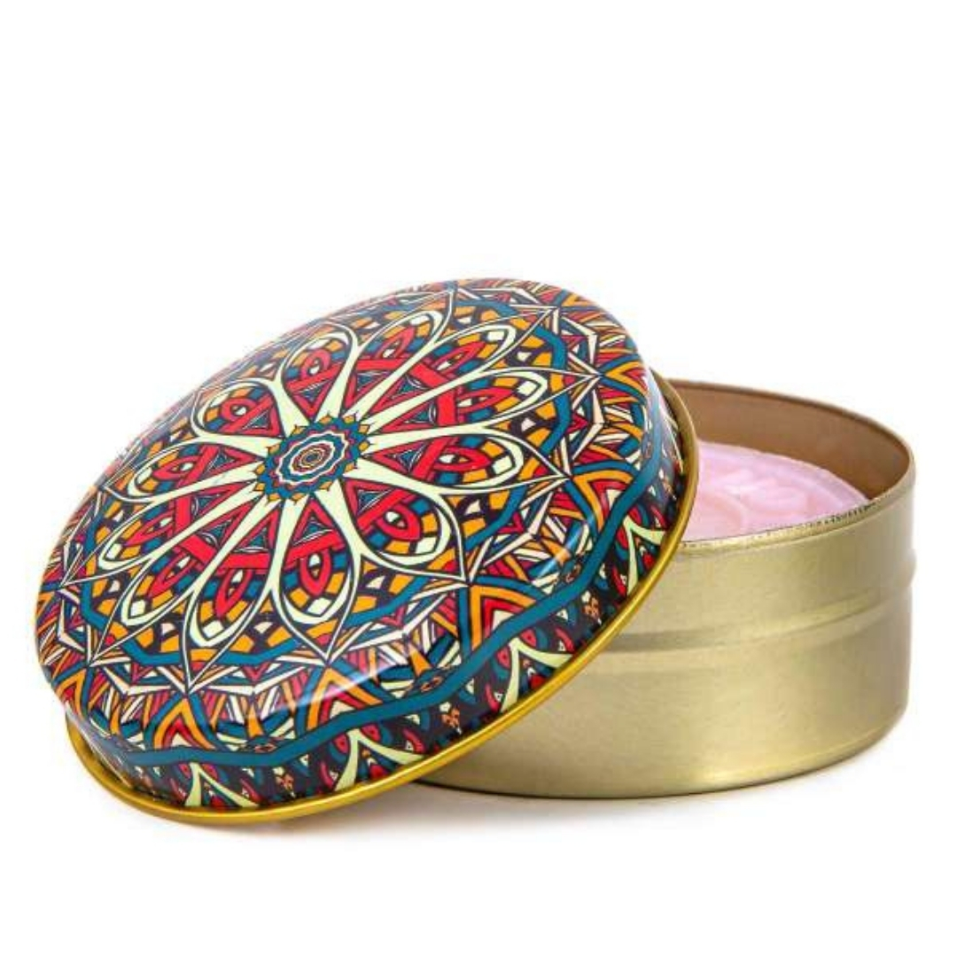 Naturally flavored soap in a metal box.