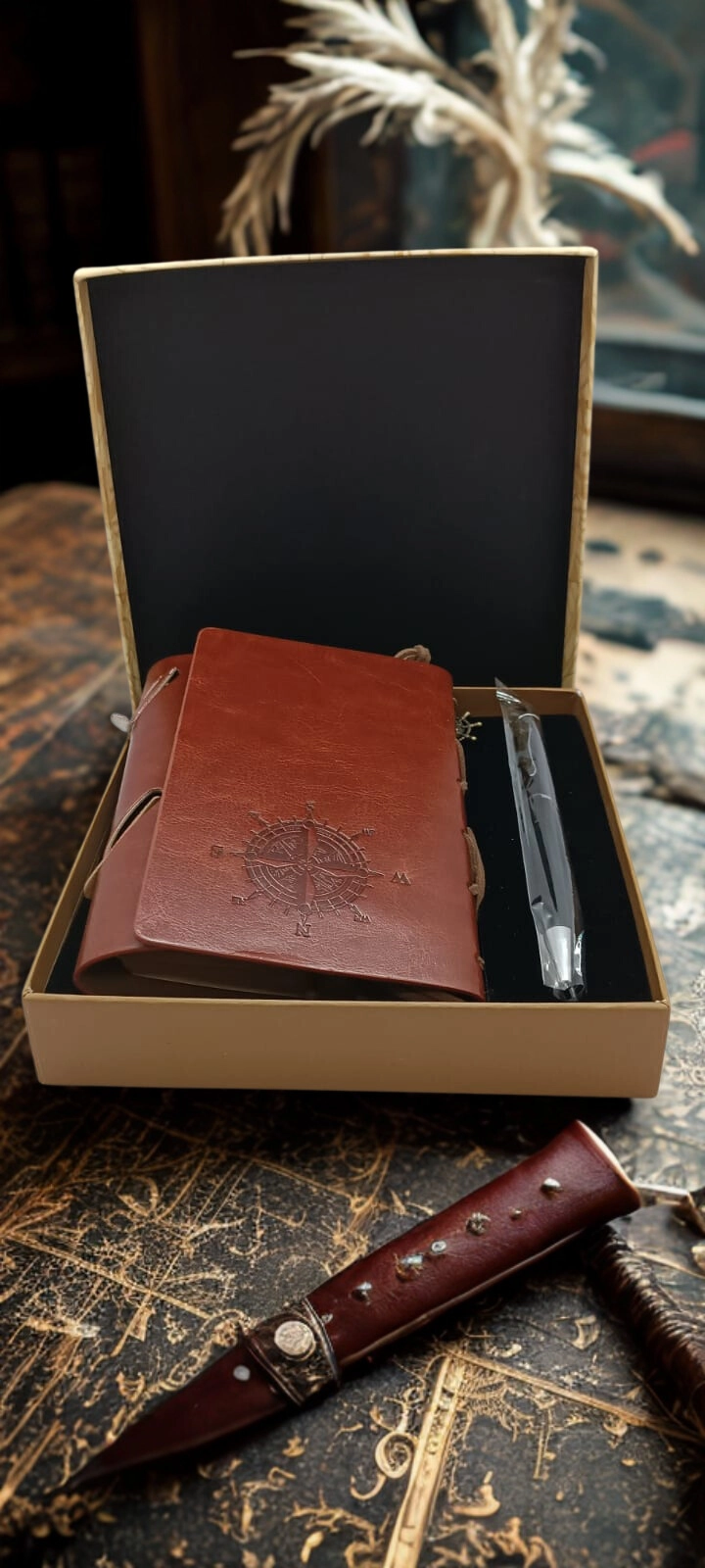 Pusula Baskılı Deri Defter Kalem Seti