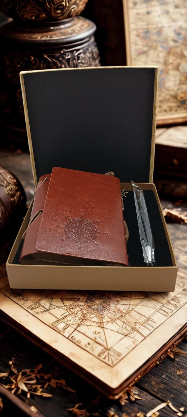 Pusula Baskılı Deri Defter Kalem Seti