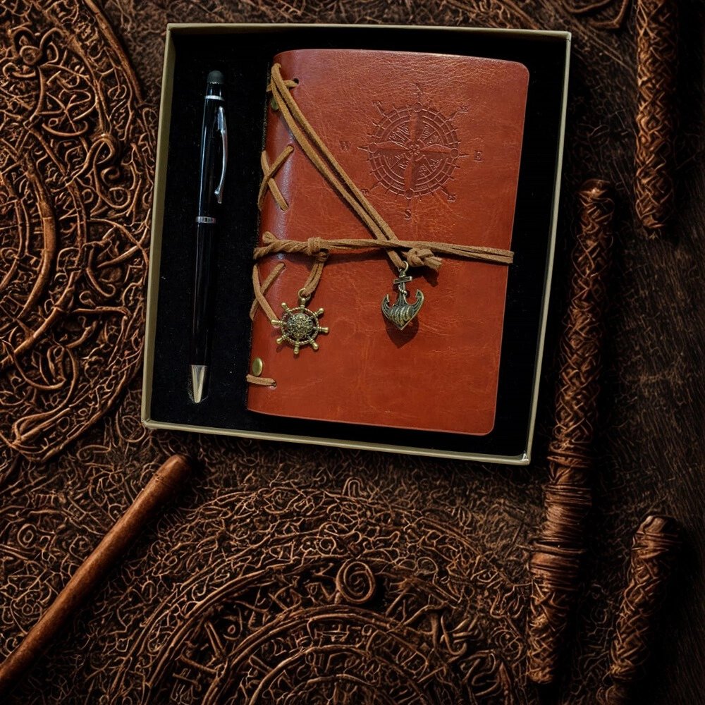 Pusula Baskılı Deri Defter Kalem Seti