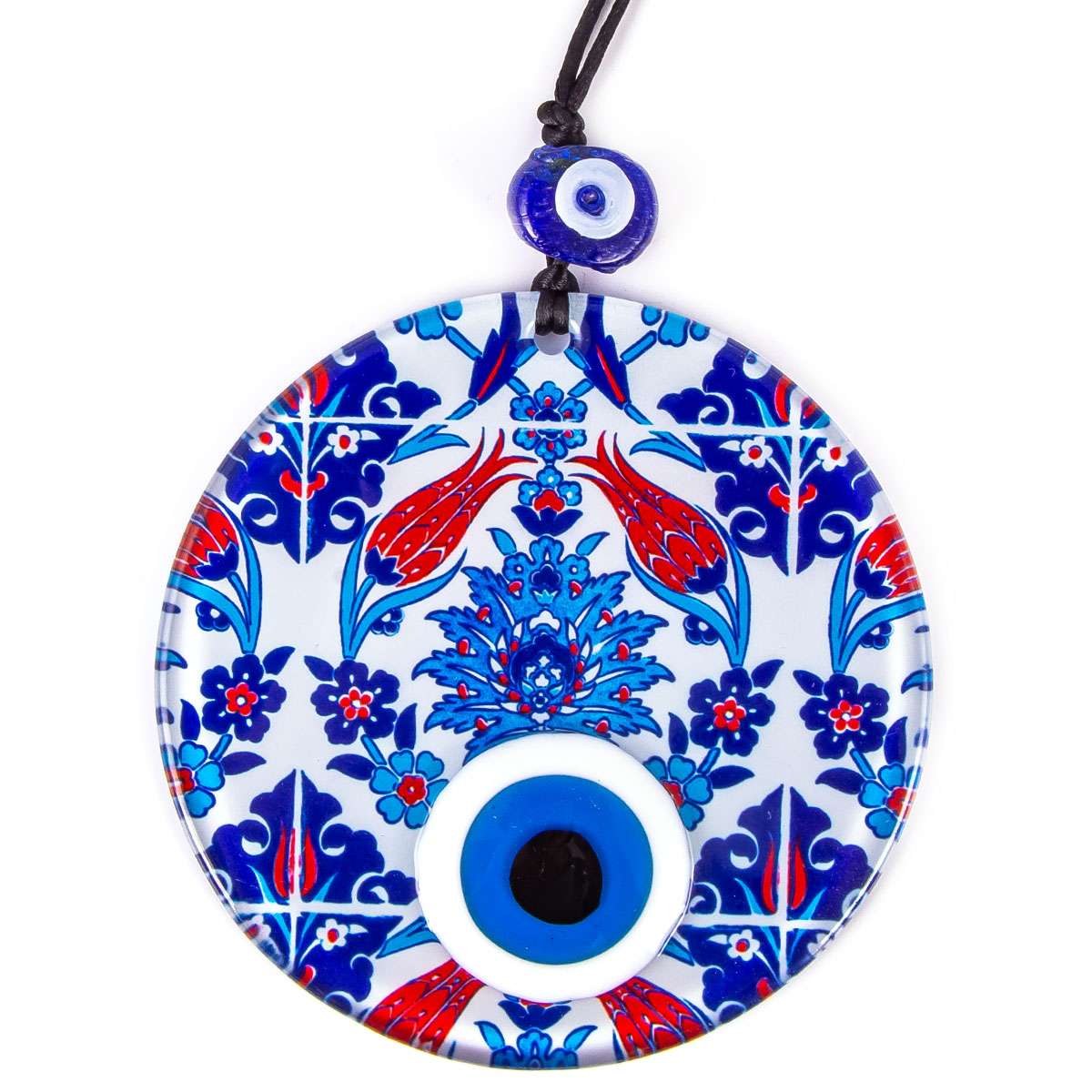 Decorative evil eye bead with tile and tulip patterns.