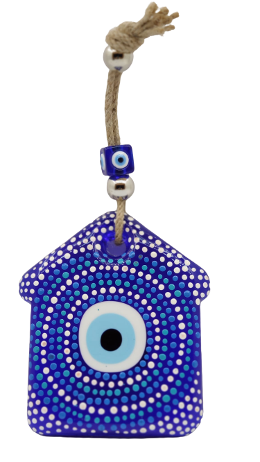Evil eye bead in the form of a decorative house.