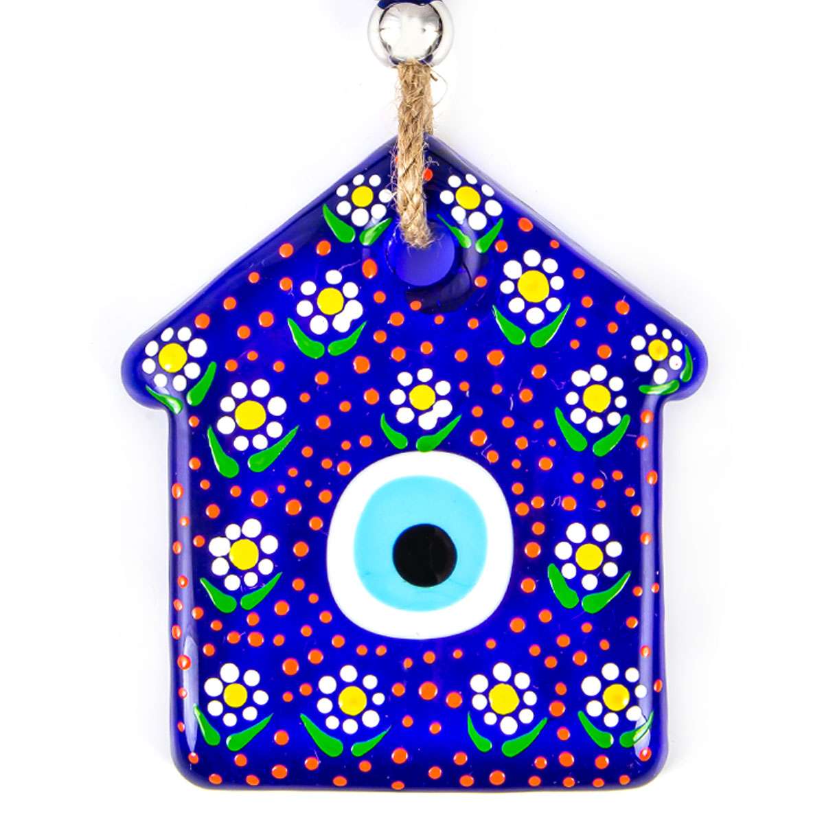 Evil eye bead in the form of a decorative house.