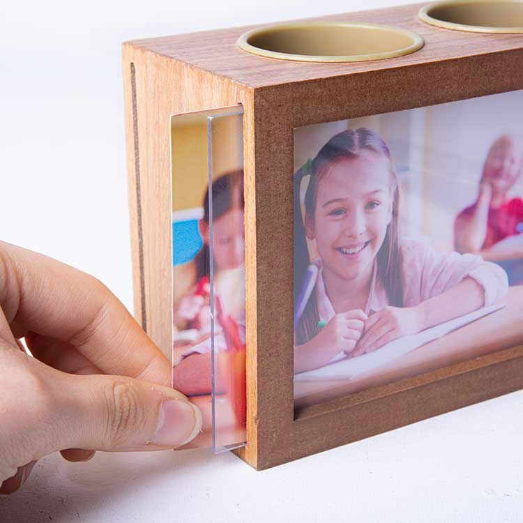 Çift tarafı fotoğraflı ahşap kalemlik