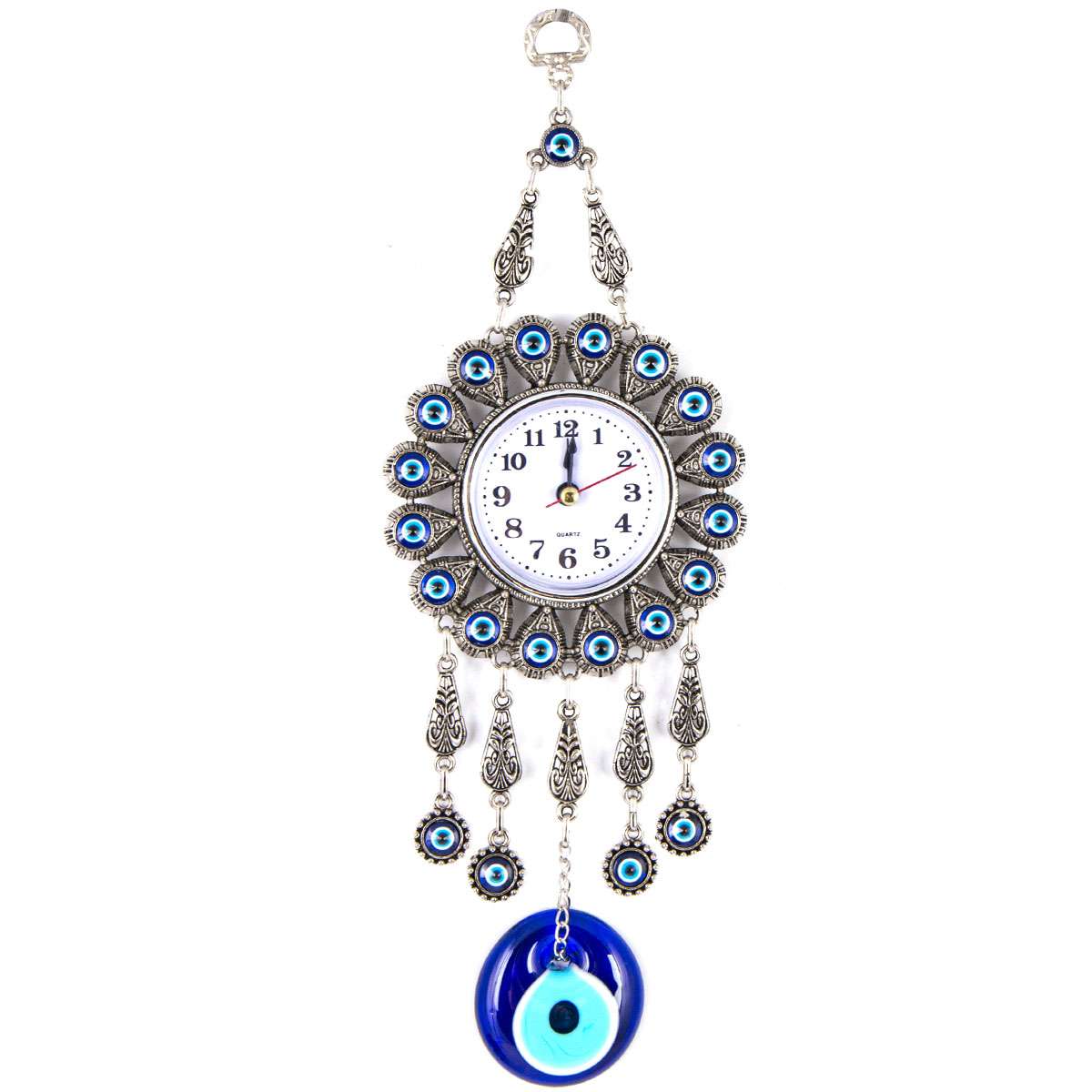 Metal wall clock with evil eye beads.