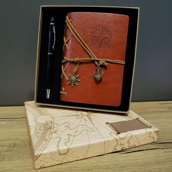 Pusula Baskılı Deri Defter Kalem Seti